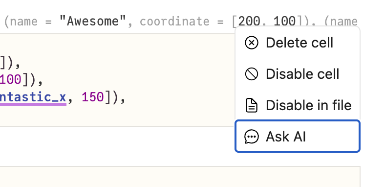 Screenshot of the Cell Context Menu with the Ask AI option